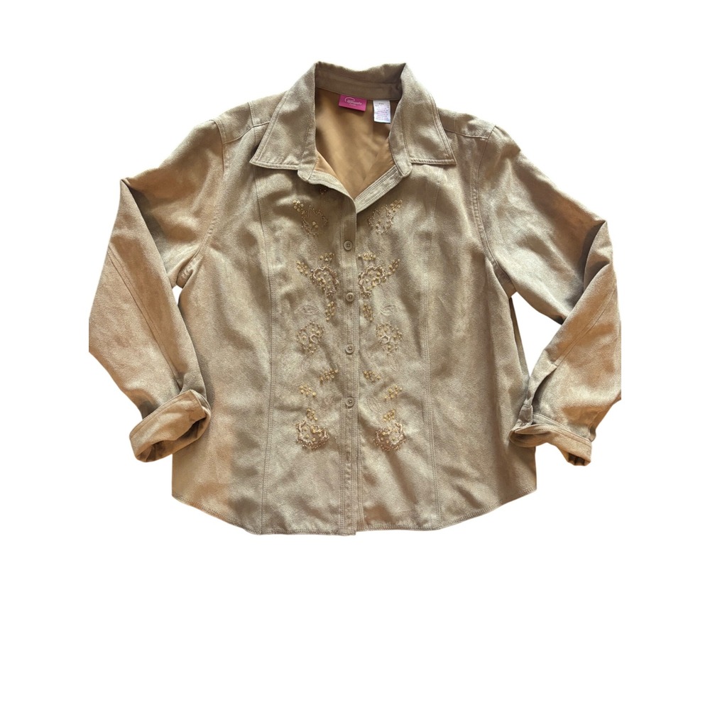 VTG Y2K Western Faux Suede Embroidered button down shirt Boho Coastal Cowgirl M